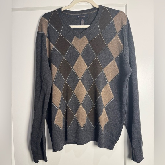 Banana Republic Silk Cashmere Argyle V-Neck sweater brown gray - Picture 1 of 6